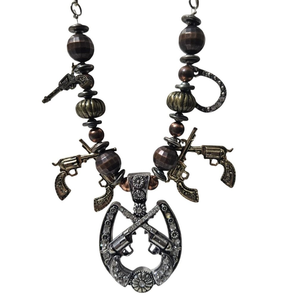 Western Rhinestone Horseshoe Revolvers Beaded Necklace Cowgirl Boutique Jewelry